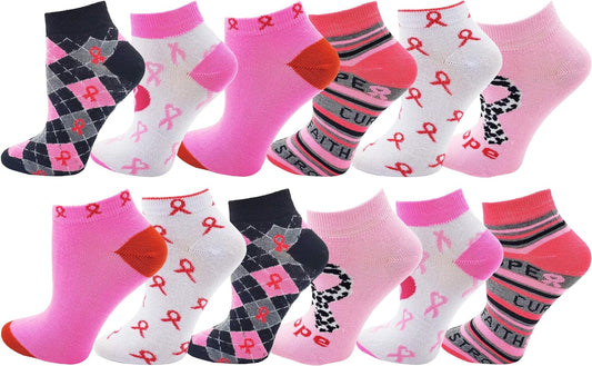 12 Pairs of Womens Breast Cancer Awareness Socks, Pink Ribbon Soft Sport Sock Bulk Pack