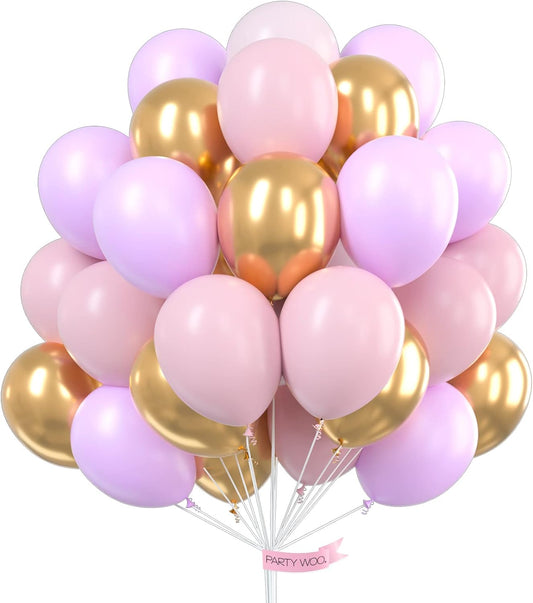 Purple Pink Gold Balloons, 60 Pcs 12 Inch Purple Balloons, Light Pink Balloons, Gold Metallic Balloons and Pink Balloons, Purple Pink Balloons for Princess Birthday Party, Purple Baby Shower