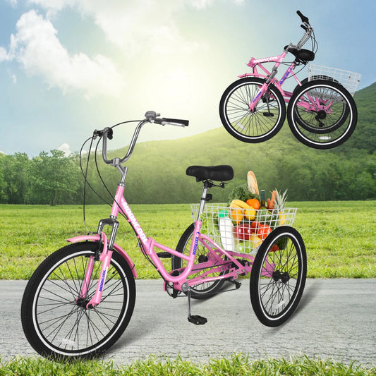 24-Inch Foldable Adult Tricycle for Women, 7 Speed Adult Folding Trikes with Rear Basket, Carbon Steel 3 Wheel Cruiser Trikes with Double-Wall Wheel Rims for Women Men Seniors