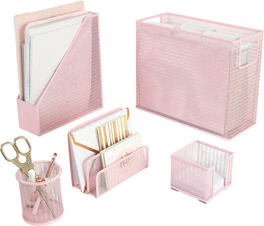 5 Piece Office Supplies Pink Desk Organizer Set - with Desktop Hanging File Organizer, Magazine Holder, Pen Cup, Sticky Note Holder, Letter Sorter - Pink Desk Accessories for Women Office