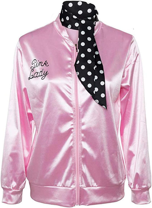 1950S Pink Satin Jacket with Neck Scarf Grils Women Danny Halloween Costume Fancy Dress