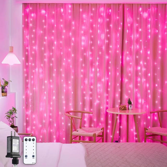 300 LED Remote Control Pink Curtain Lights, 8 Modes Pink Christmas Lights Indoor, Pink String Lights for Bedroom Window Wall Party Backdrop Valentine Xmas Decorations (9.8X9.8Ft)