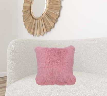 20inches Pink Genuine Tibetan Lamb Fur Pillow with Microsuede Backing