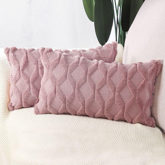 Set of 2 Soft Plush Short Wool Velvet Decorative Throw Pillow Covers 12X20 Inch Pink Rectangular Luxury Style Cushion Case Pillow Shell for Sofa Bedroom