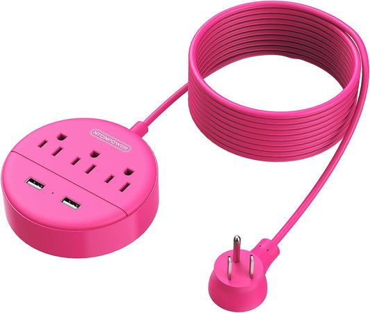 15 Ft Extension Cord Power Strip with USB,  Mountable Power Strip Flat Plug with 3 Outlet 2 USB, ETL Listed, Desktop Charging Station, Compact Size for Home Office Dorm Room Nightstand, Pink