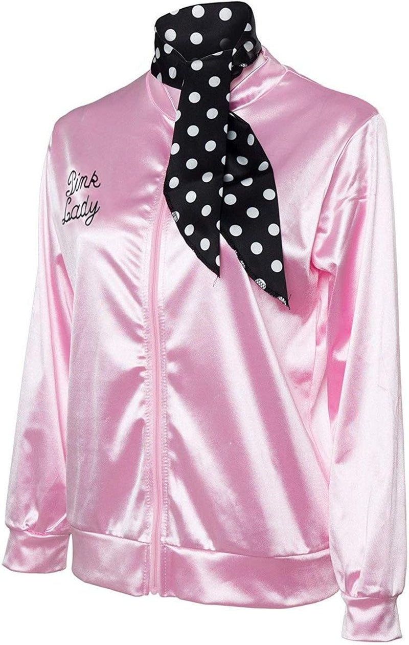 1950S Pink Satin Jacket with Neck Scarf Grils Women Danny Halloween Costume Fancy Dress