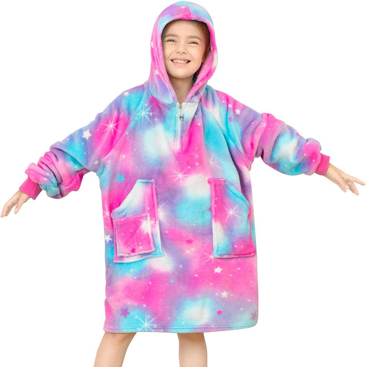 Wearable Blanket Hoodie Oversized Sweatshirt Blanket for Kids Girls Soft Fleece Hooded Blanket with Pockets