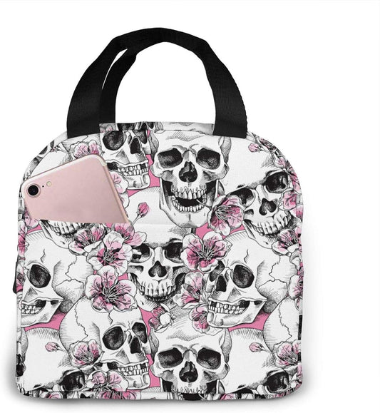 Skull with Flowers Pink Cherry Lunch Bag Insulated Lunch Box Leakproof Cooler Cooling Tote with Front Pocket for Men Women…