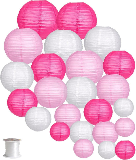 24Pcs Hanging round Paper Lanterns for Wedding Birthday Party Baby Showers Decoration Pink/White