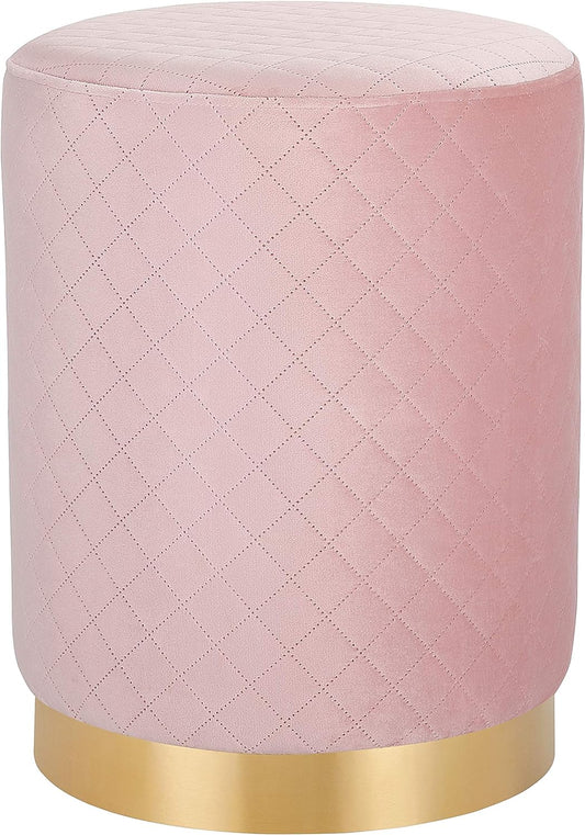 round Pink Velvet Ottoman Foot Stool with Lattice Design – Soft Compact Padded Stool – Gold Trim - Great for the Living Room or Bedroom – Decorative Furniture – Foot Rest