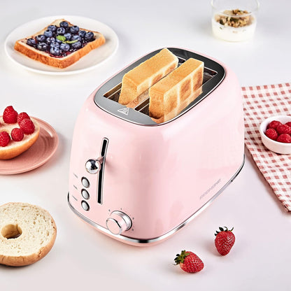 2 Slice Retro Stainless Steel Toaster with Bagel, Cancel, Defrost Function and 6 Bread Shade Settings , Extra Wide Slot and Removable Crumb Tray, Pink, ST028