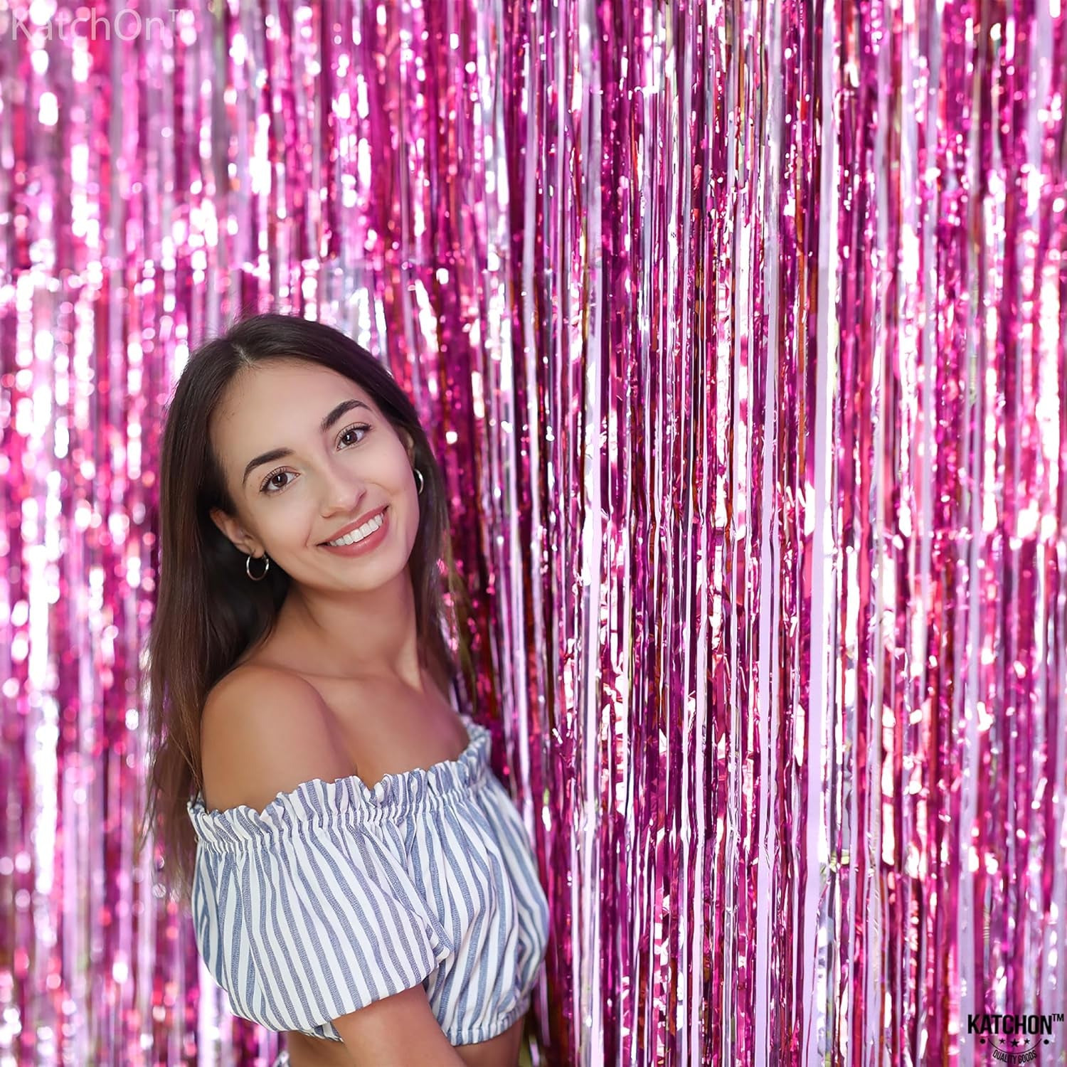 , Pink Backdrop for Pink Party Decorations - Xtralarge 3.2X8 Feet, Pack of 2 | Pink Foil Fringe Curtain for Pink Streamers Party Decorations | Pink Fringe Backdrop, Pink Birthday Decorations