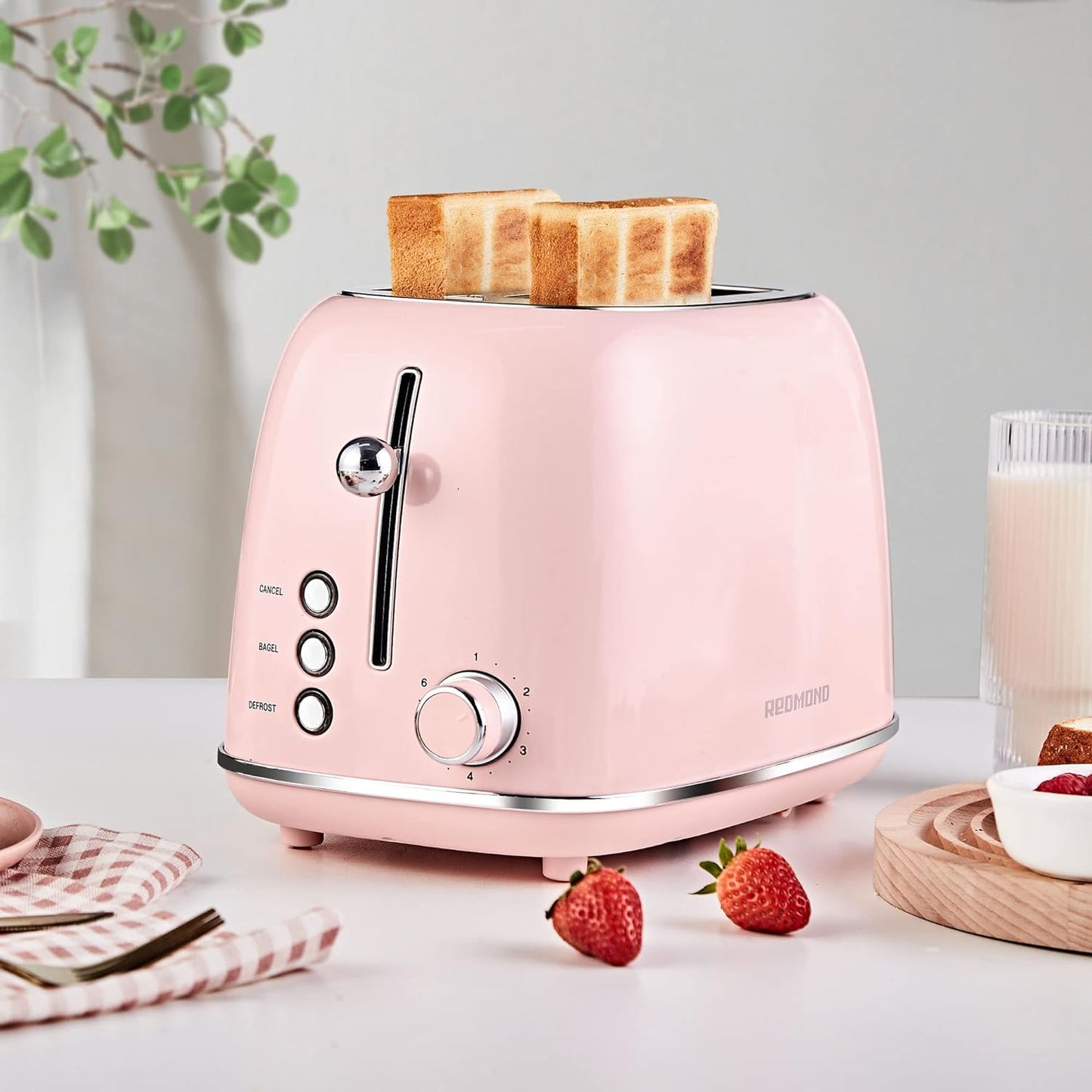 2 Slice Retro Stainless Steel Toaster with Bagel, Cancel, Defrost Function and 6 Bread Shade Settings , Extra Wide Slot and Removable Crumb Tray, Pink, ST028
