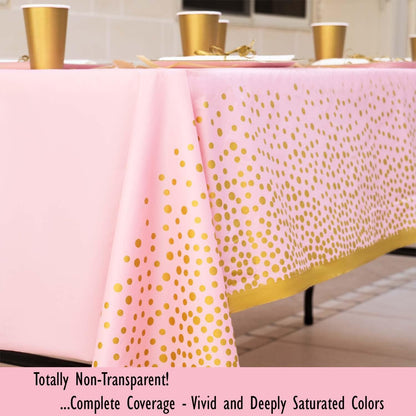 2 Pack Pink Table Cloths for Parties Disposable Pink and Gold Tablecloth Plastic Table Cover for Birthday, Baby Shower Party Decorations (Premium Quality - 54 X 108 In.)