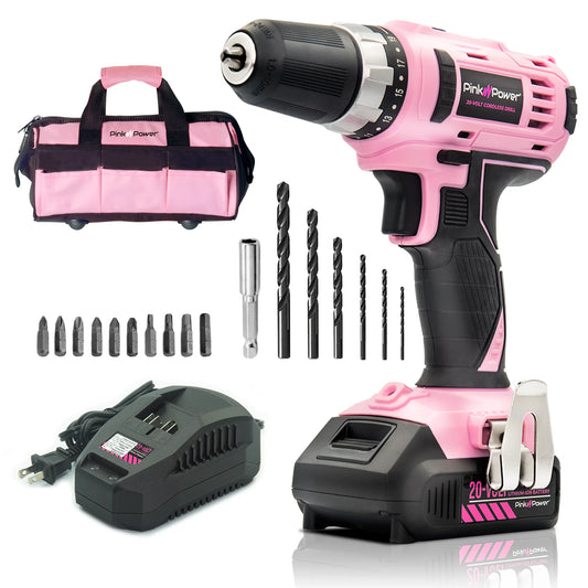 20V Cordless Drill - Electric Drill - Power Drill Cordless - Hand Drill Lithium Ion Portable Pink Drill Set Tool Set for Women W/ Battery & Charger